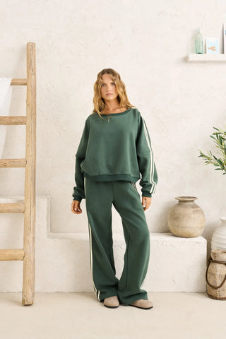 Rhythm Contrast Track Pant in Hunter, oversized trackpant with contrast stripe detail at sides, soft elastic waist with drawcord in a 51% cotton 49% polyester blend
