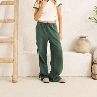 Rhythm Contrast Track Pant in Hunter, oversized trackpant with contrast stripe detail at sides, soft elastic waist with drawcord in a 51% cotton 49% polyester blend