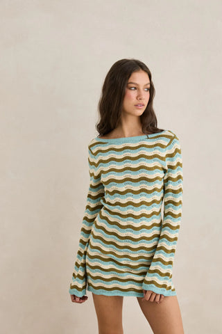 Rhythm Whispering Tides Knit Mini Dress in Blue, long sleeve slim fit mini dress with low scoop back, multi-colour wave stripe in cotton blend yarns, designed to be worn over swimwear