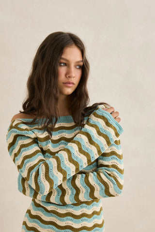 Rhythm Whispering Tides Knit Mini Dress in Blue, long sleeve slim fit mini dress with low scoop back, multi-colour wave stripe in cotton blend yarns, designed to be worn over swimwear