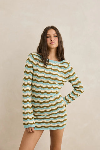 Rhythm Whispering Tides Knit Mini Dress in Blue, long sleeve slim fit mini dress with low scoop back, multi-colour wave stripe in cotton blend yarns, designed to be worn over swimwear