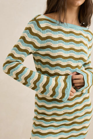 Rhythm Whispering Tides Knit Mini Dress in Blue, long sleeve slim fit mini dress with low scoop back, multi-colour wave stripe in cotton blend yarns, designed to be worn over swimwear