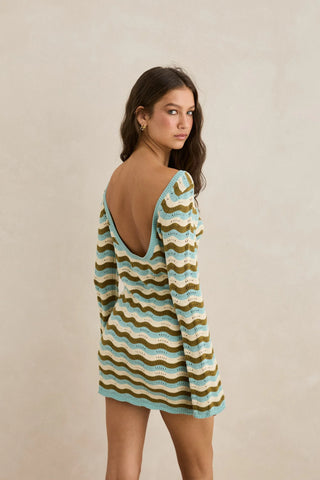 Rhythm Whispering Tides Knit Mini Dress in Blue, long sleeve slim fit mini dress with low scoop back, multi-colour wave stripe in cotton blend yarns, designed to be worn over swimwear