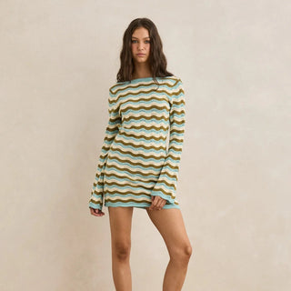 Rhythm Whispering Tides Knit Mini Dress in Blue, long sleeve slim fit mini dress with low scoop back, multi-colour wave stripe in cotton blend yarns, designed to be worn over swimwear