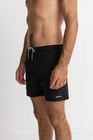 Rhythm Classic Beach Short in Black, 92% recycled polyester, 8% spandex, side pockets, back zip pocket, above knee length.