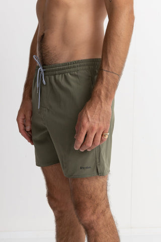 Rhythm Classic Beach Short in Olive, 92% recycled polyester, 8% spandex, side pockets, back zip pocket, above knee length.