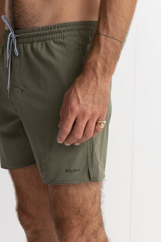 Rhythm Classic Beach Short in Olive, 92% recycled polyester, 8% spandex, side pockets, back zip pocket, above knee length.