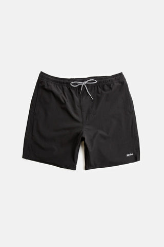 Rhythm Classic Beach Short in Black, 92% recycled polyester, 8% spandex, side pockets, back zip pocket, above knee length.