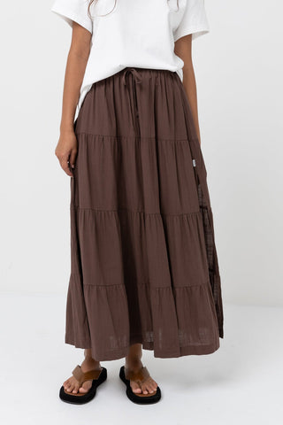 Rhythm Classic Tiered Maxi Skirt in chocolate, 70% Rayon, 30% Linen, high waisted, side split, elastic waist.