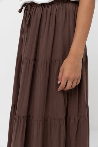 Rhythm Classic Tiered Maxi Skirt in chocolate, 70% Rayon, 30% Linen, high waisted, side split, elastic waist.