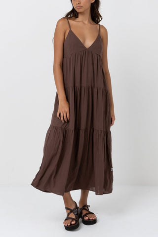 Rhythm Classic Tiered Midi Dress in chocolate, 70% Rayon, 30% Linen, deep V neckline, high waisted, side split.