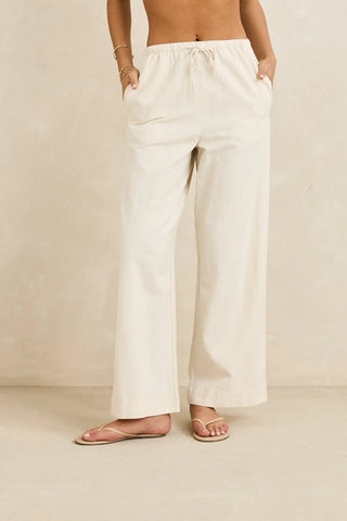 Rhythm Classic Drawstring Pant in oat color with wide leg and drawcord waist.