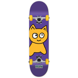 Meow Skateboards Big Cat 7.5-inch complete skateboard in purple, fully assembled, graphic deck with trucks and wheels.
