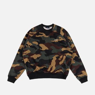 Front view of Dime Classic Logo Crewneck in Dark Camo with green, brown, tan, and black camouflage, a small light-colored embroidered chest logo, and black collar, cuffs, and hem