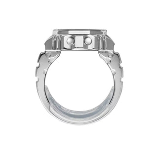 Casio CRW001-1 50th Anniversary Ring Watch with digital display, metal case, dual time, stopwatch, and adjustable sizing.