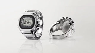 Casio CRW001-1 50th Anniversary Ring Watch with digital display, metal case, dual time, stopwatch, and adjustable sizing.