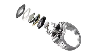 Casio CRW001-1 50th Anniversary Ring Watch with digital display, metal case, dual time, stopwatch, and adjustable sizing.