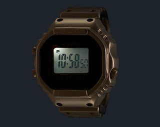Digital watch with a bronze casing on a black background