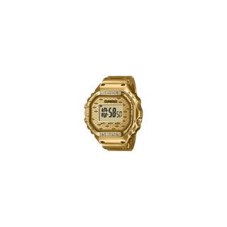 Gold digital watch with gemstone accents on a white background