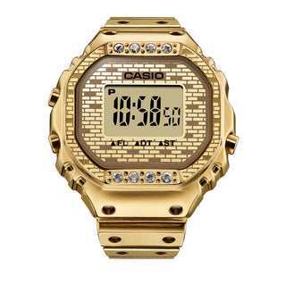 Gold Casio digital watch with brick pattern on a white background