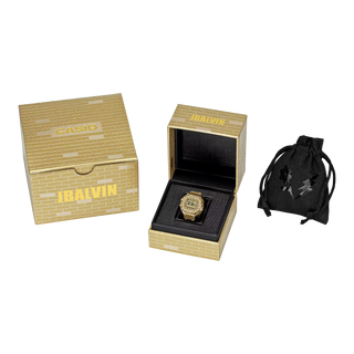 Gold Casio watch in a branded box with a black drawstring bag on a white background