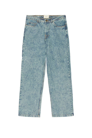 Critical Slide Peaty 5 Pocket Pant Washed Blue in 100% cotton with zip fly, button closure, and washed finish.