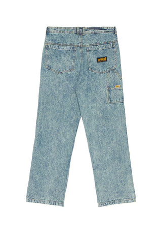 Critical Slide Peaty 5 Pocket Pant Washed Blue in 100% cotton with zip fly, button closure, and washed finish.