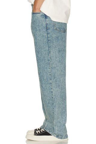 Critical Slide Peaty 5 Pocket Pant Washed Blue in 100% cotton with zip fly, button closure, and washed finish.