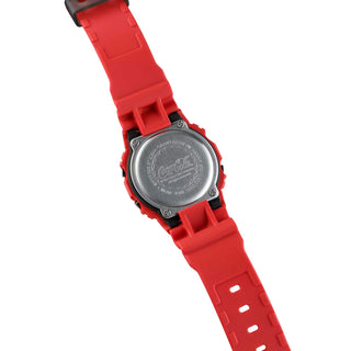 Limited-edition G-SHOCK watch with Coca-Cola branding, vibrant red display.