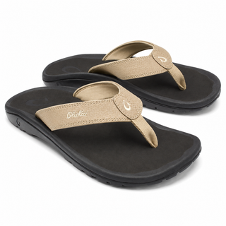 OluKai 'Ohana Sandals in Linen/Black — water-resistant flip flop sandal with quick-drying jersey lining, soft nylon toe post, and non-marking rubber outsole