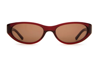 Crap Eyewear Mini Funk Sunglasses in Crystal Black Cherry Bio/Desert — undersized wraparound, bioacetate frames, CR-39 lenses, 100% UV protection, 5 barrel hinges