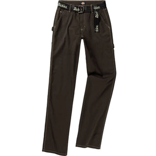 Dickies dark brown high waisted carpenter pants with white stitching and utility pockets.