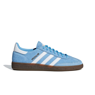 Blue Adidas sneaker with white stripes on a white background