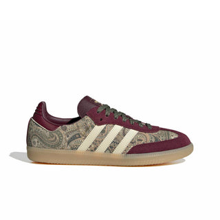 Maroon and beige sneaker with paisley pattern on a white background