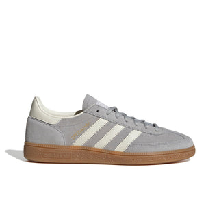 Gray Adidas sneaker with white stripes on a white background