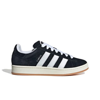 Black Adidas sneaker with white stripes on a white background
