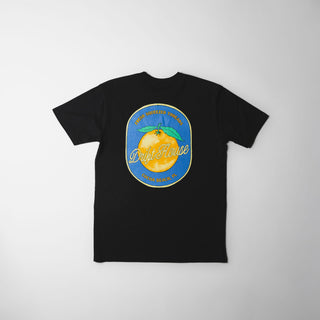 Drift House Fresh Squeezed Tee in Black — Florida orange front graphic and "Fresh Squeezed Threads" Cocoa Beach back print on a 100% combed cotton regular fit tee