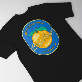 Drift House Fresh Squeezed Tee in Black — Florida orange front graphic and "Fresh Squeezed Threads" Cocoa Beach back print on a 100% combed cotton regular fit tee