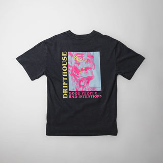Drift House Good People Tee in stone washed black with skull graphic in pink and yellow.