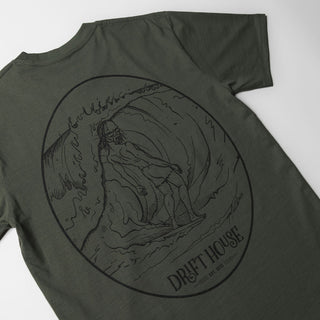 Drift House Surf Bum Tee in Cypress with black surfer graphic and heavyweight cotton build.