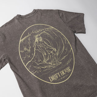 Drift House Surf Bum Tee in Stone Wash with yellow surfer graphic and heavyweight cotton construction.
