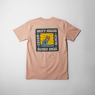 Drift House Sunny Daze Tee in Pale Pink with retro gator graphic and new Drift House logo.
