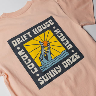 Drift House Sunny Daze Tee in Pale Pink with retro gator graphic and new Drift House logo.