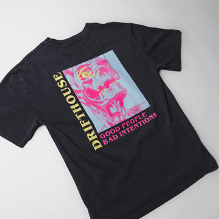 Drift House Good People Tee in stone washed black with skull graphic in pink and yellow.