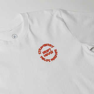 White Drift House Strawberry Nights tee with psychedelic Lennon-inspired back graphic.