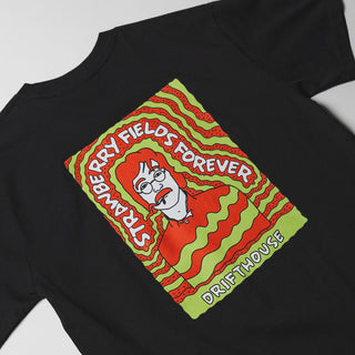 Black Drift House Strawberry Nights tee with psychedelic Lennon-inspired back graphic.