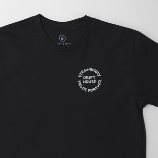 Black Drift House Strawberry Nights tee with psychedelic Lennon-inspired back graphic.