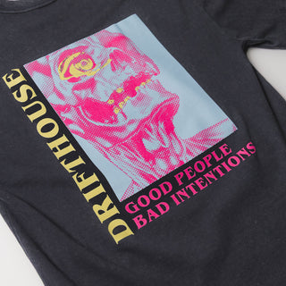Drift House Good People Tee in stone washed black with skull graphic in pink and yellow.