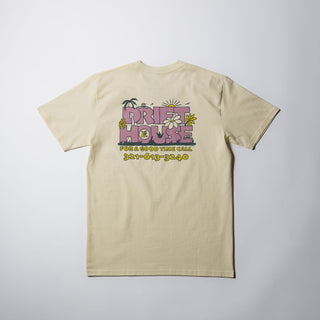Drift House Good Time Tee in Butter with floral back print and Drift House logo on front.