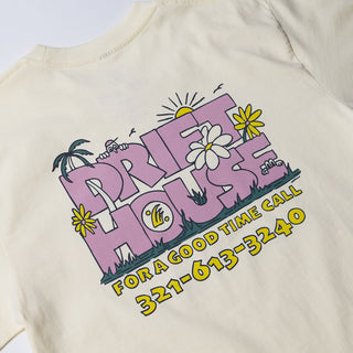 Drift House Good Time Tee in Butter with floral back print and Drift House logo on front.